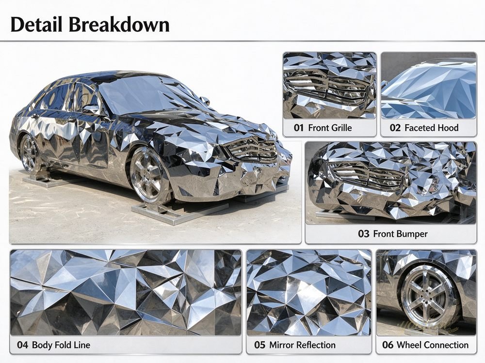 Wrecked Stainless Steel Geometric Car Sculpture Details