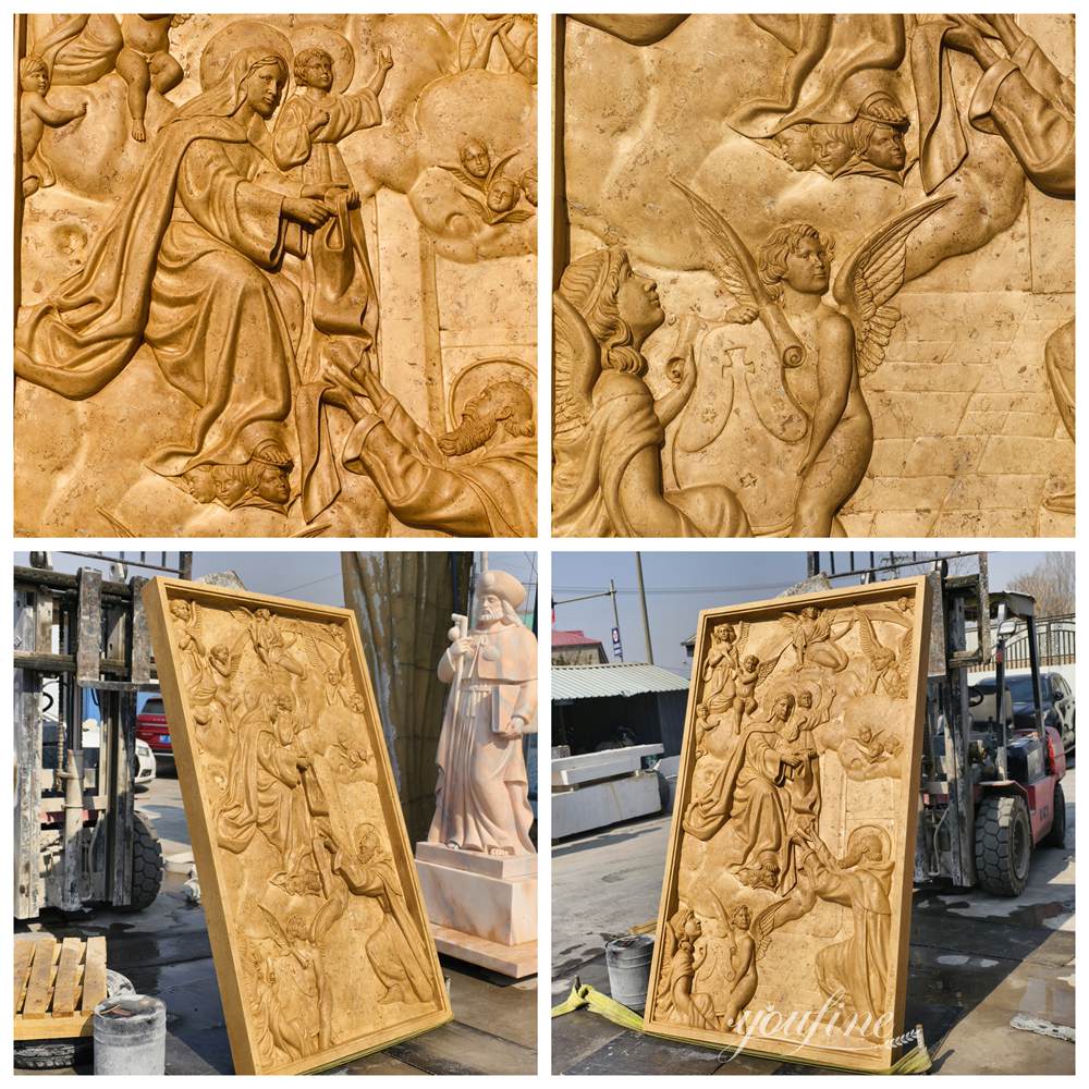 Yellow Marble High Relief of the Virgin Mary and Child with Angels Details