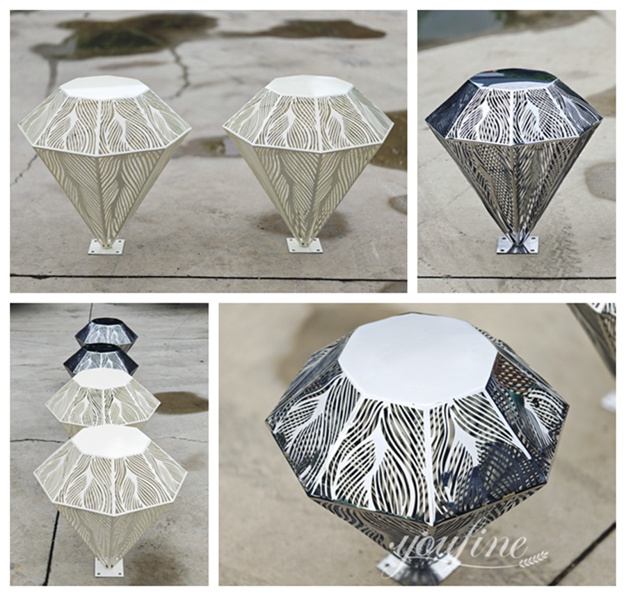 abstract hollow stainless steel diamond sculptures