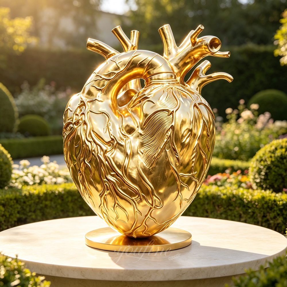 bronze golden anatomical human heart sculpture for garden decor