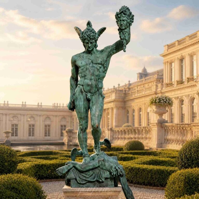 Bronze Perseus with the head of Medusa statue displayed in a formal European garden