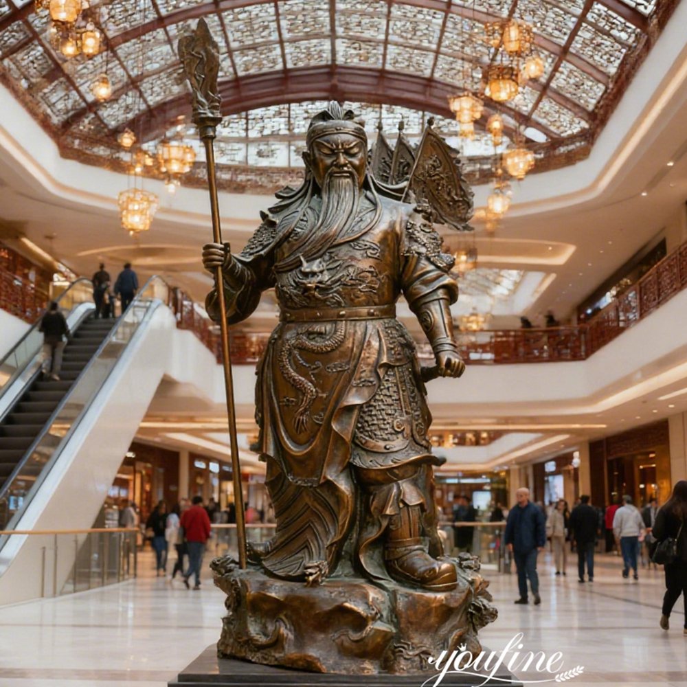 bronze standing Guan Yu statue used for mall atrium decor