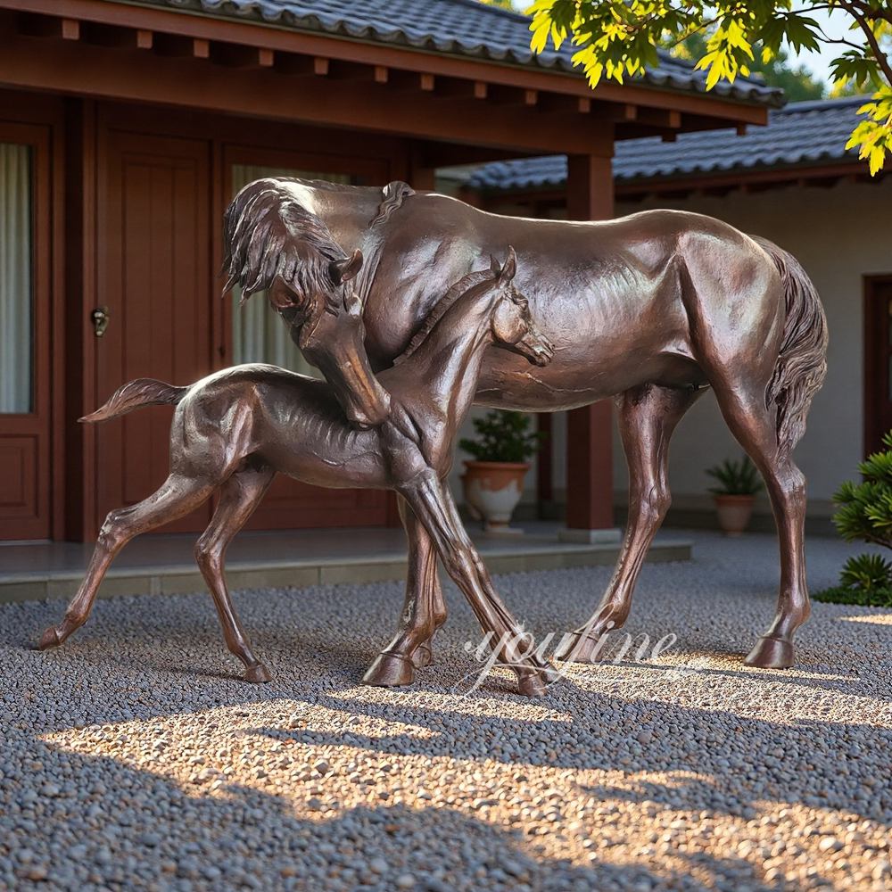 brown bronze mare and foal statue for yard decor