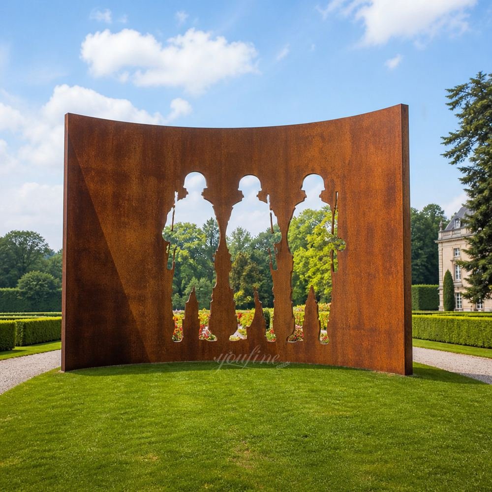 corten steel hollow sculpture of a group of soldiers