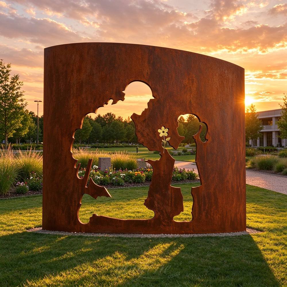 corten steel openwork sculpture of a soldier and a child