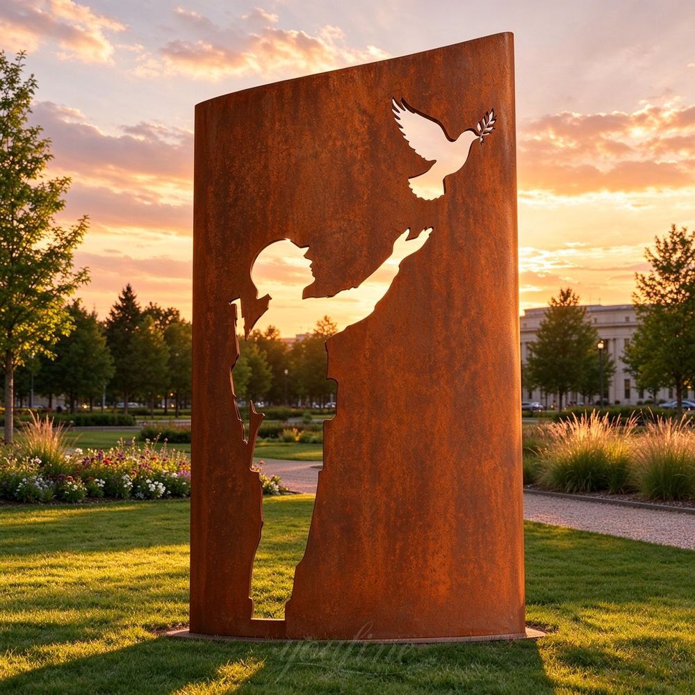corten steel openwork sculpture of a soldier and a dove of peace