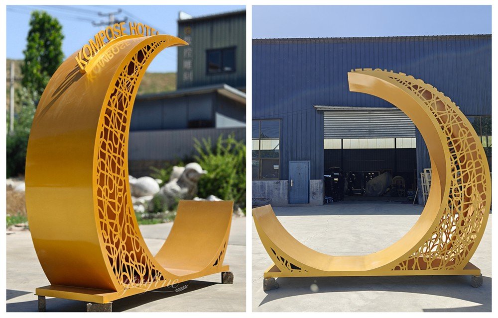 custom gold openwork stainless steel half-moon sculpture