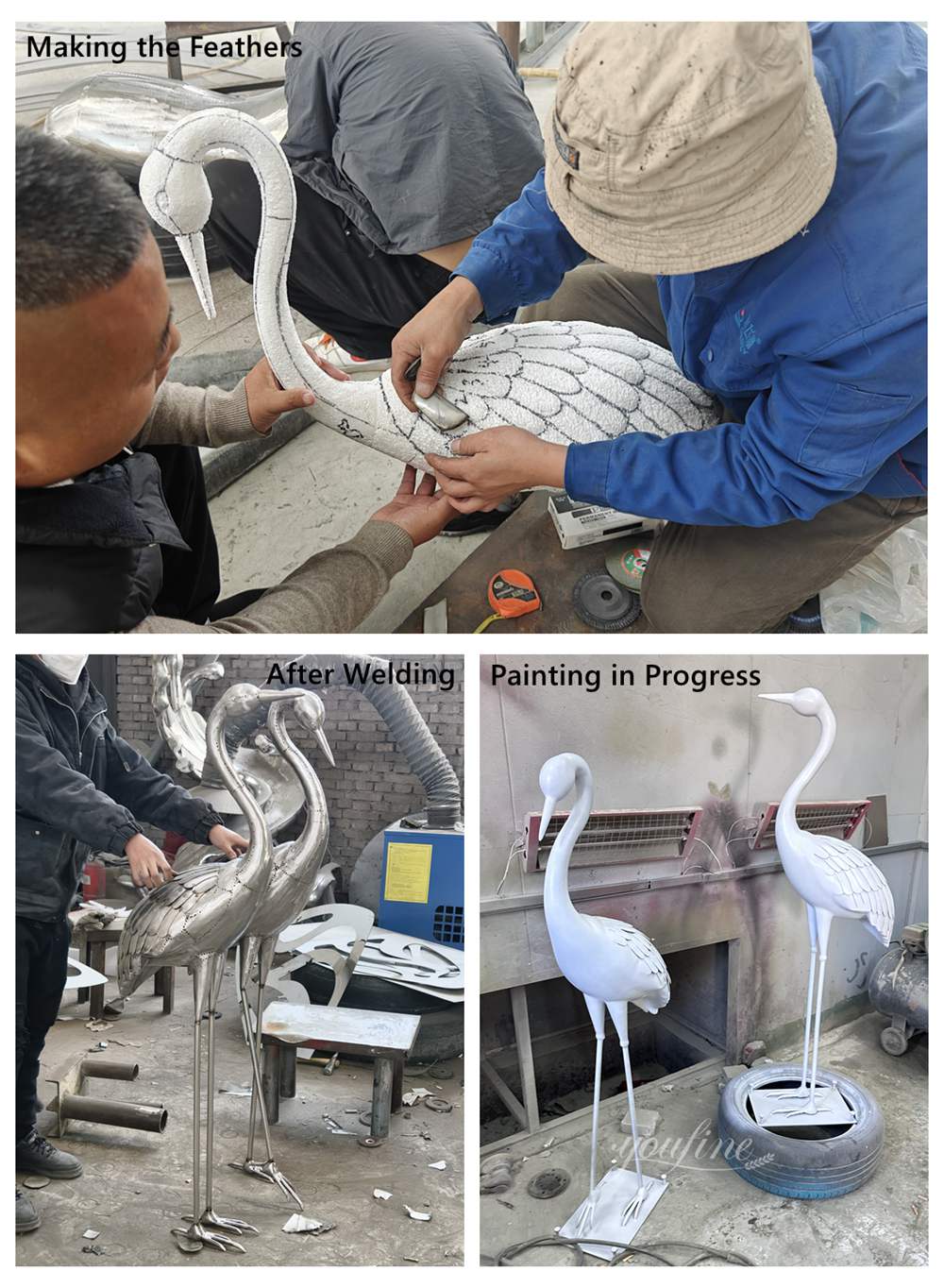 custom stainless steel metal crane sculptures making process