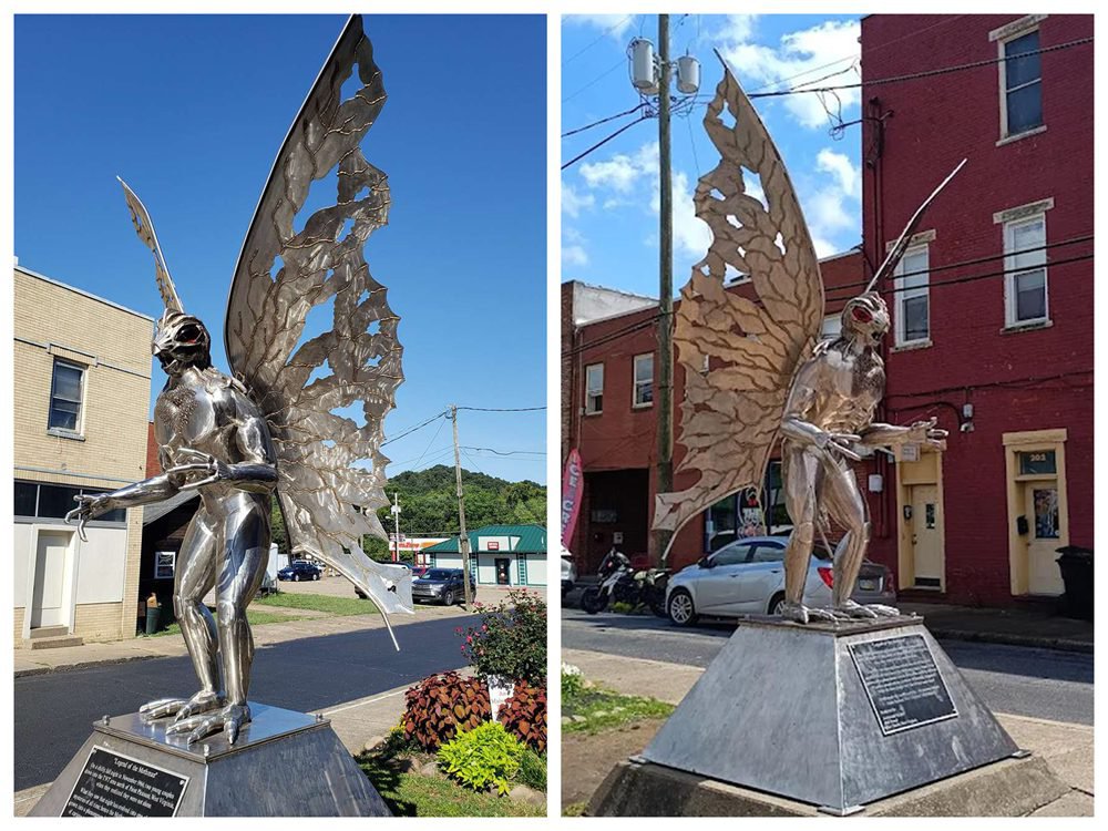 different sides of the Mothman statue