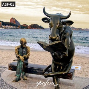 Bronze Bull Reading Book Statue Sitting with Old Man for Sale ASF-05