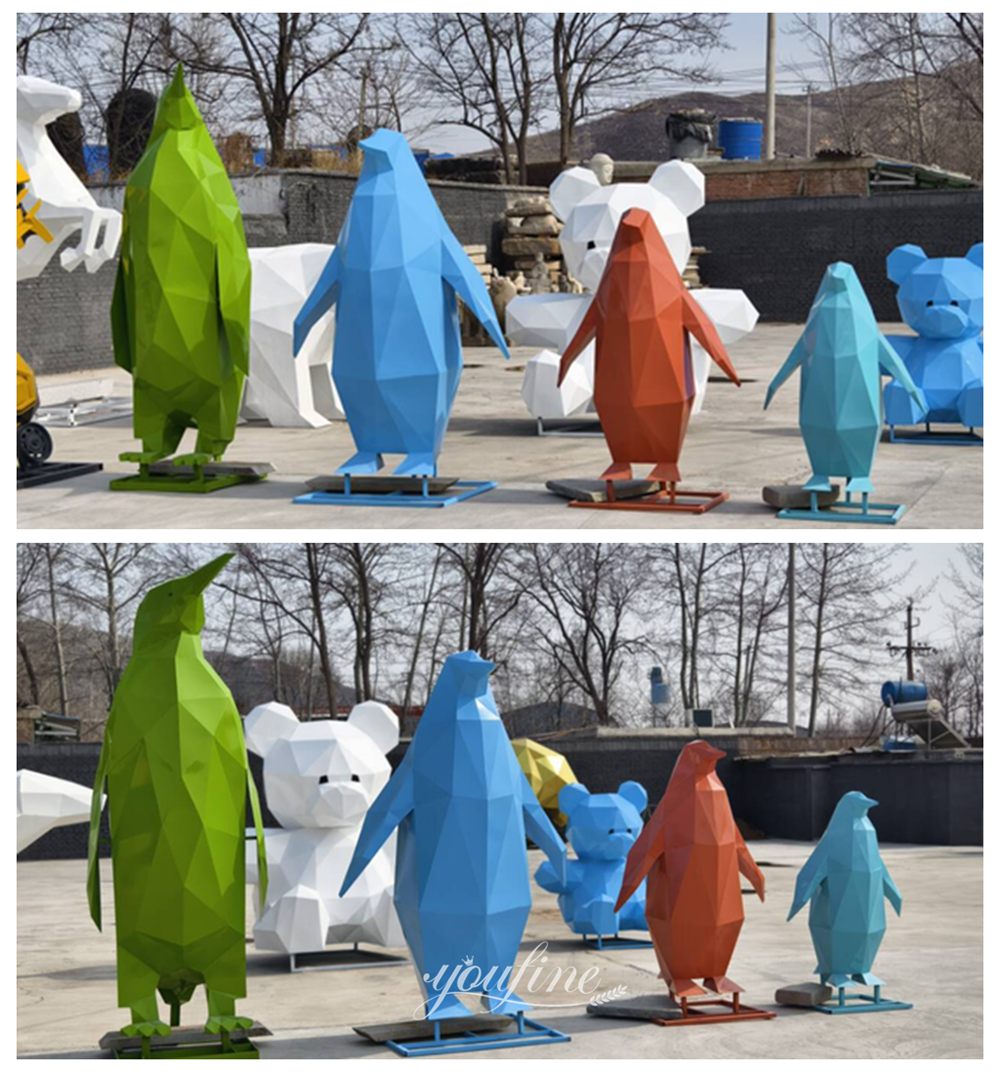 geometric colored stainless steel penguin sculptures