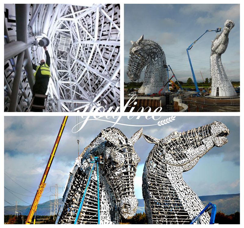 giant stainless steel horse head sculpture installation