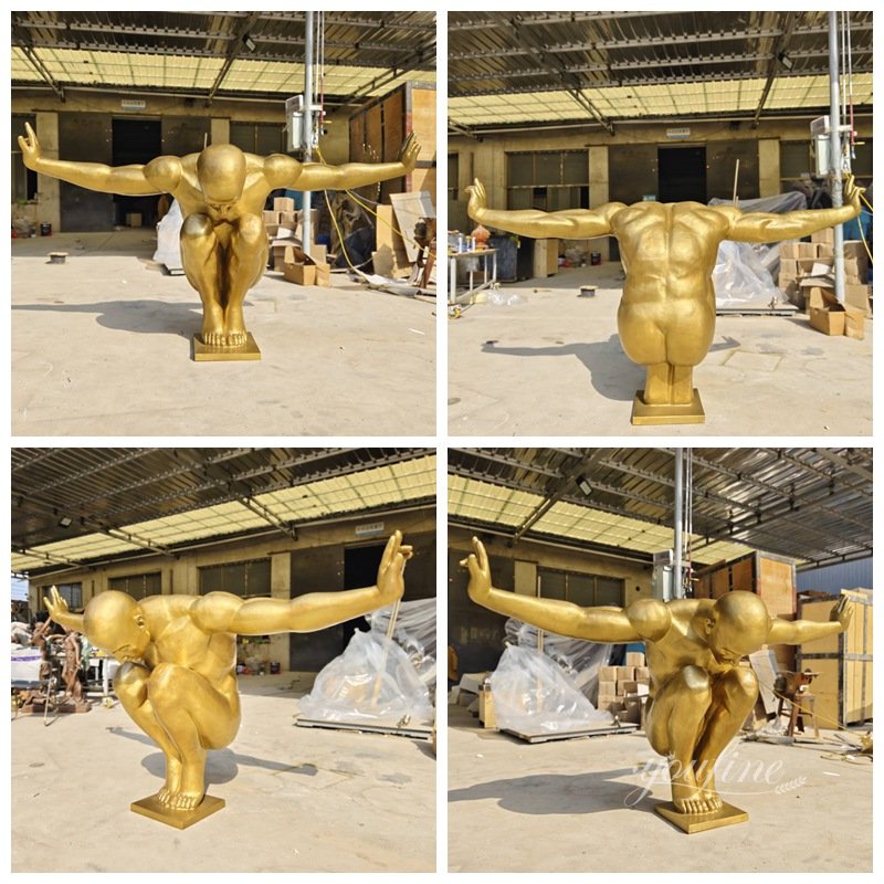 gold life size bronze diver sculpture details