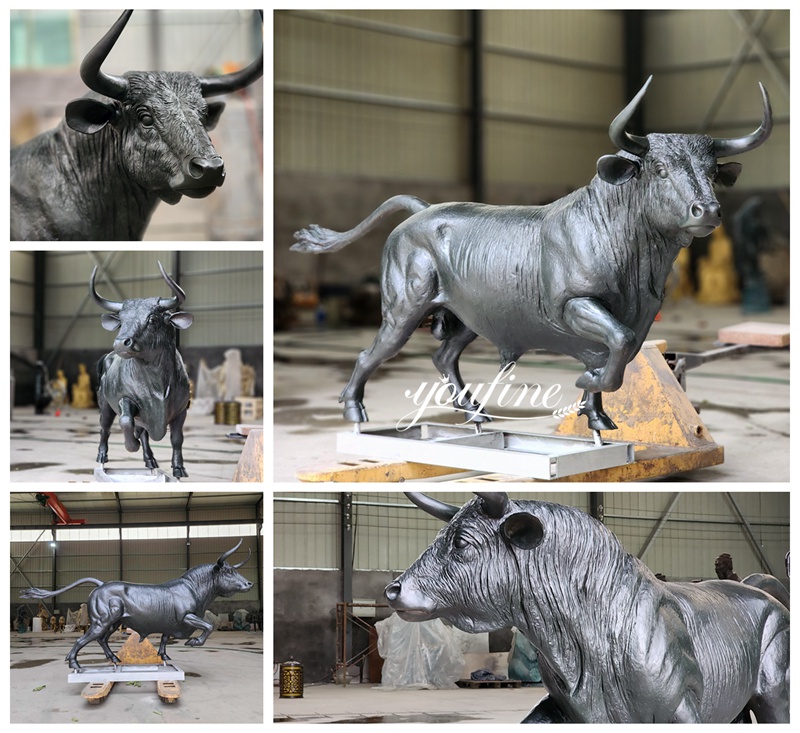 hand cast bronze running bull sculpture details