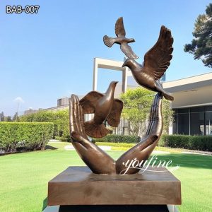 Cast Large Bronze Hand Sculpture with Peace Doves Decor for Sale