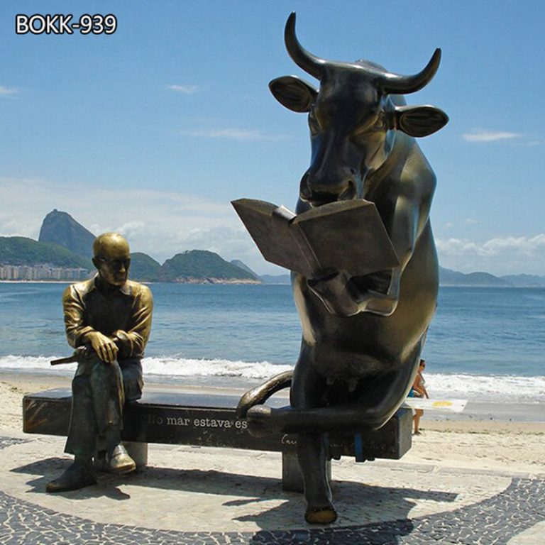 large bronze reading book bull statue for sale