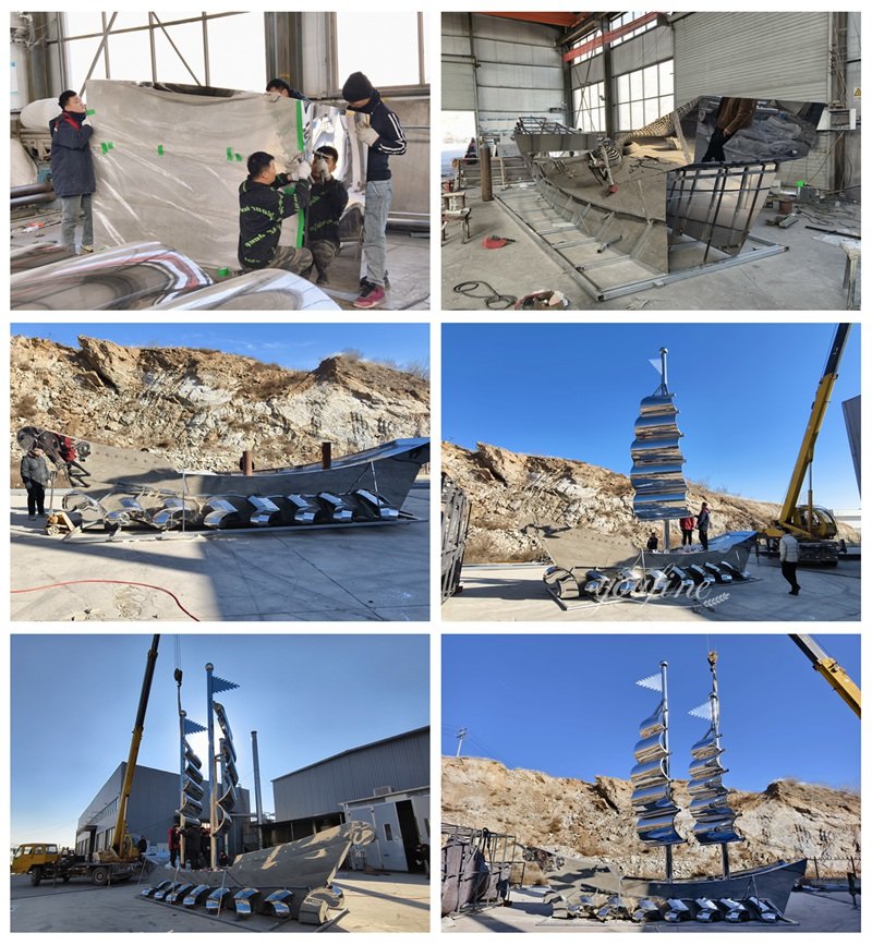 large metal sailboat sculpture making process from the YouFine factory