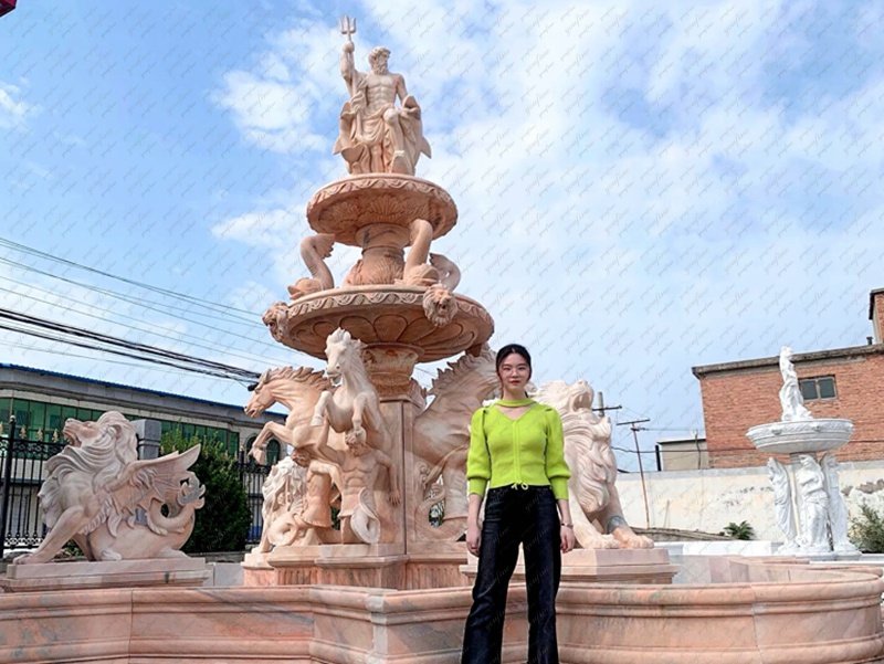 large sunset red marble Poseidon fountain details (1)