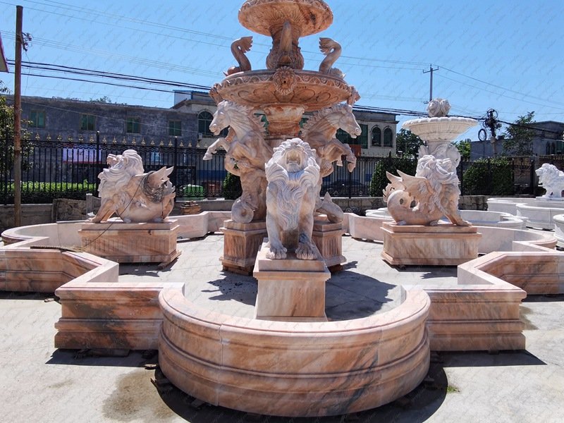 large sunset red marble Poseidon fountain details (2)