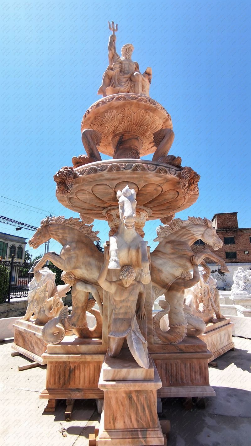 large sunset red marble Poseidon fountain details (3)