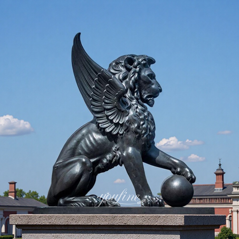 lying Lion Sculpture with Paws on a Sphere