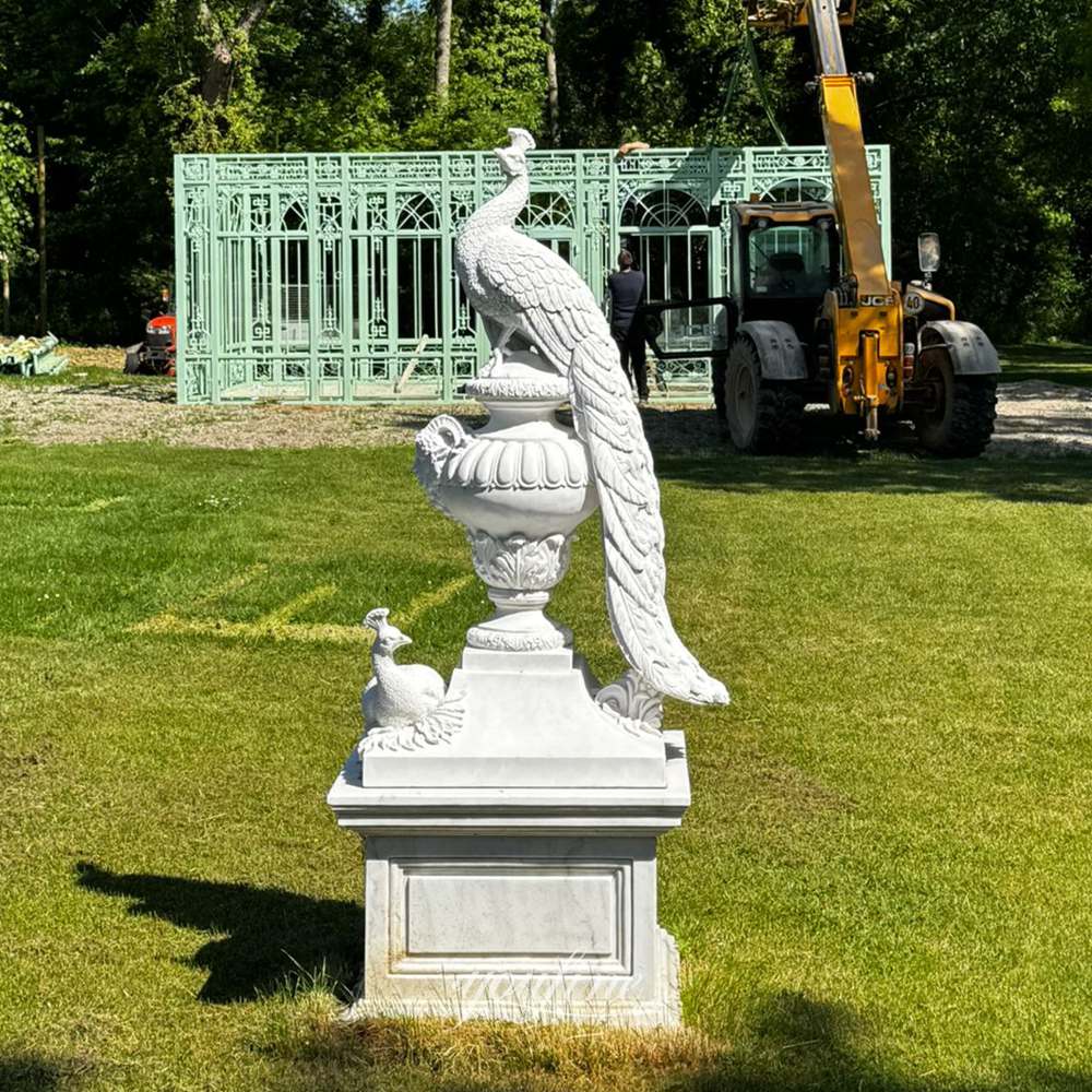 marble peacock sculpture planter with pedestal for garden