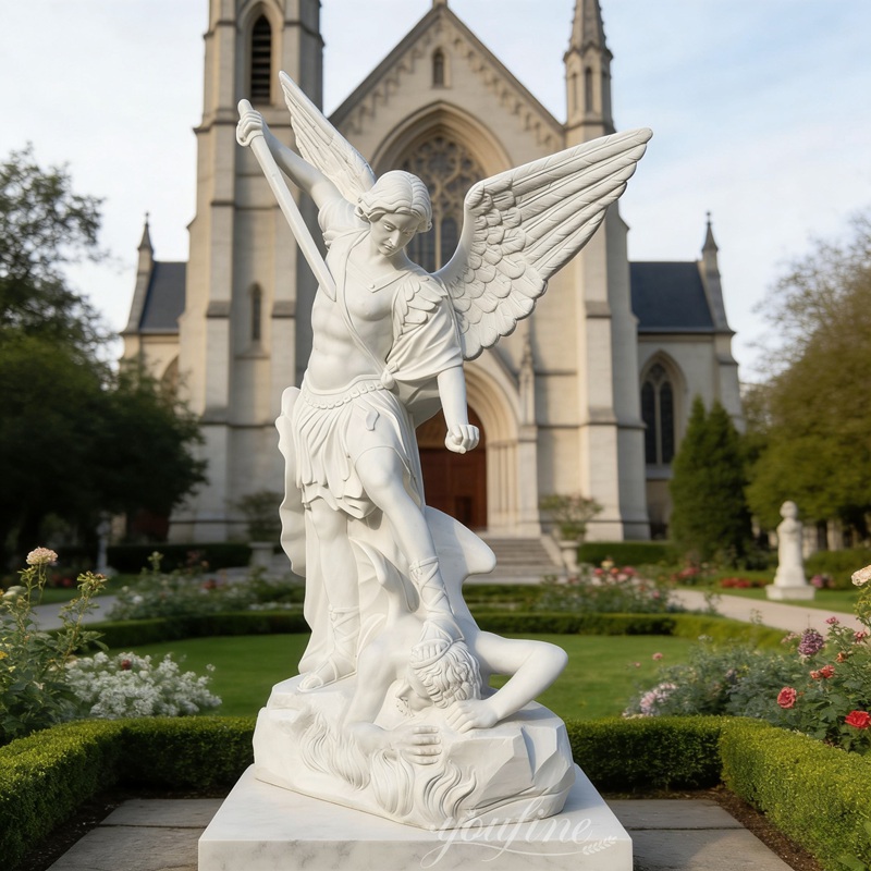 marble statue of Saint Michael holding a sword and pointing it at Satan at his feet