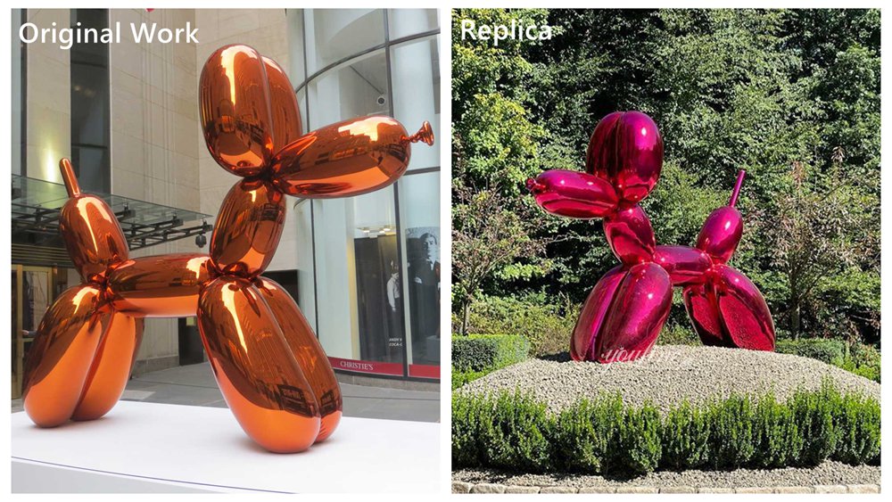 modern stainless steel balloon dog sculpture original vs red replica