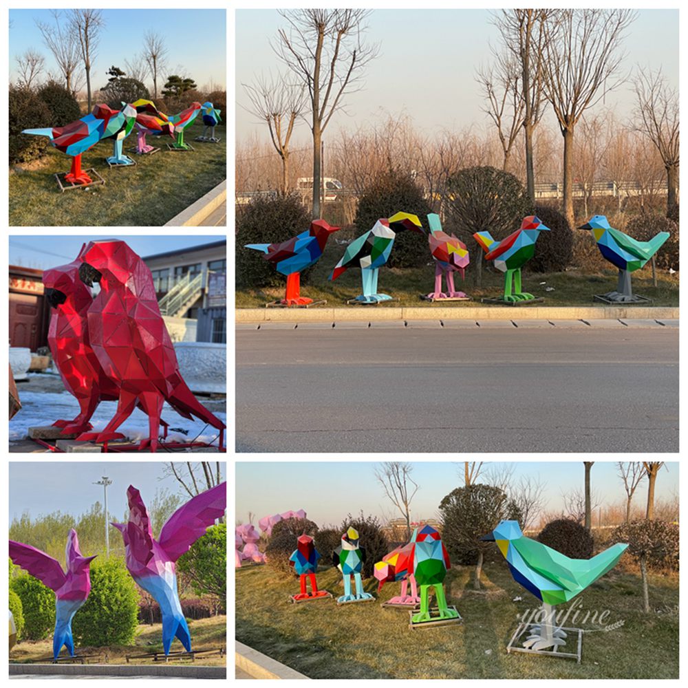 more colorful stainless steel geometric bird sculptures