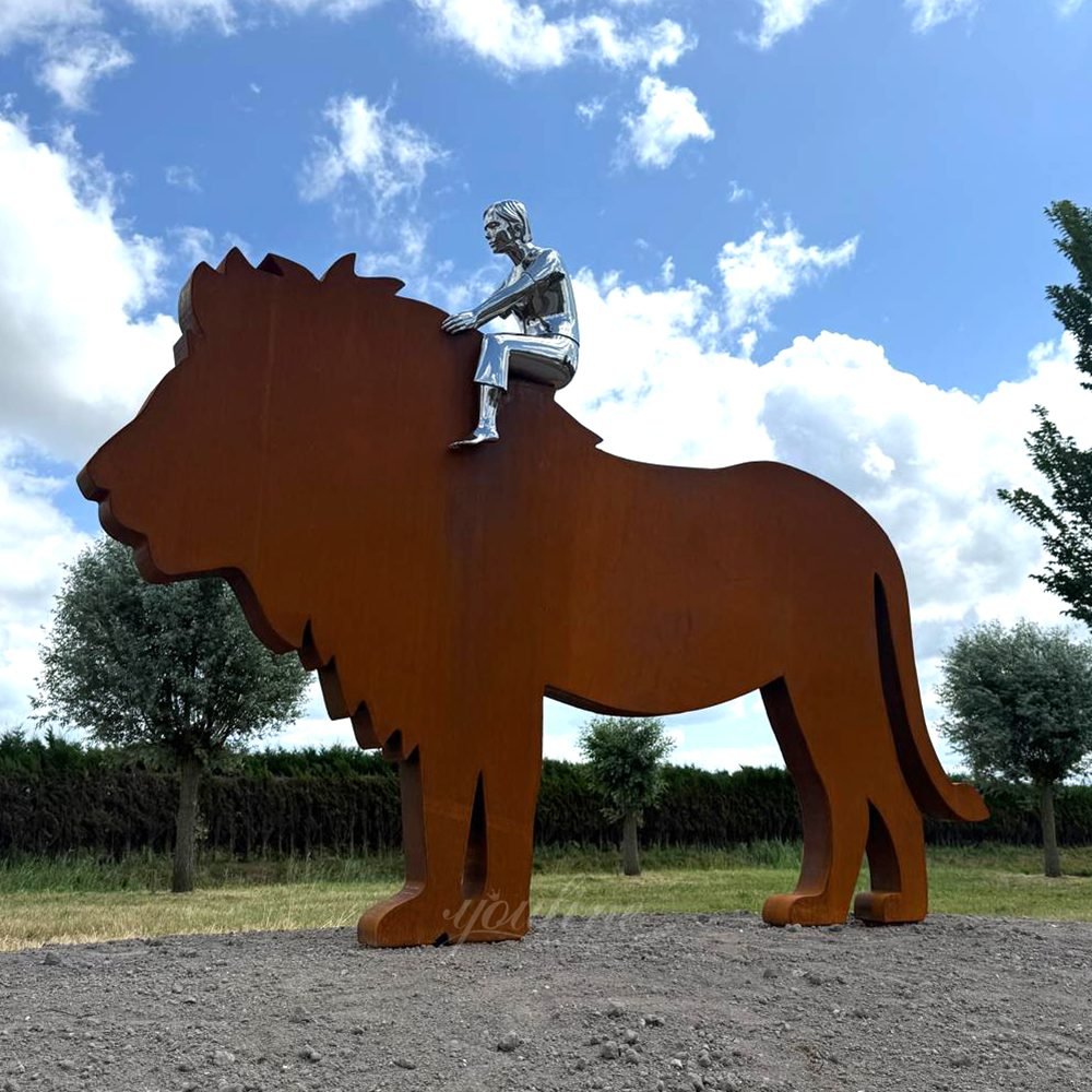 outdoor corten steel lion and stainless steel figure sculpture