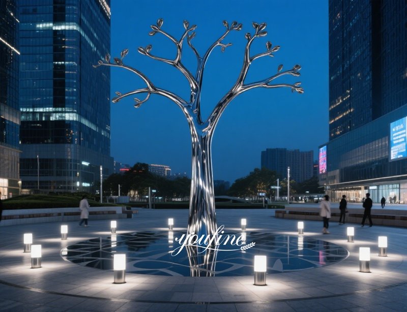 modern outdoor metal tree sculpture for urban center decor