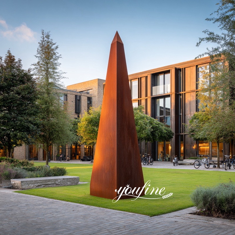 rustic corten steel obelisk sculpture for school decor