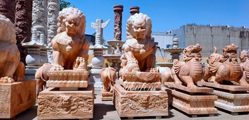 sunset red marble Chinese foo dogs