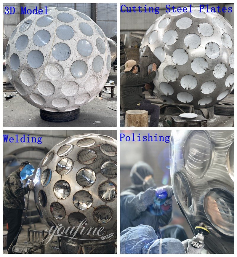 the production process of the 83 inch stainless steel golf ball sculpture