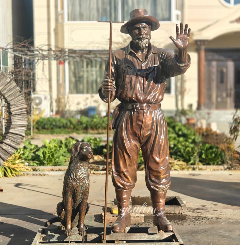 uncompleted bronze farmer and dog sculpture