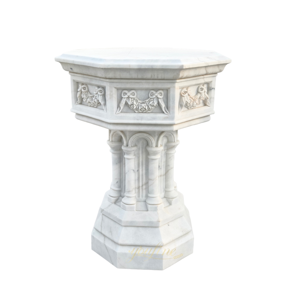 white marble baptismal font