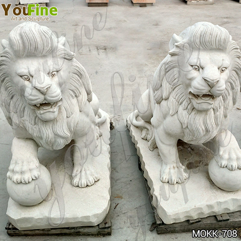 White Marble Lion Statue Pair Outdoor Decor Manufacturer MOKK-708
